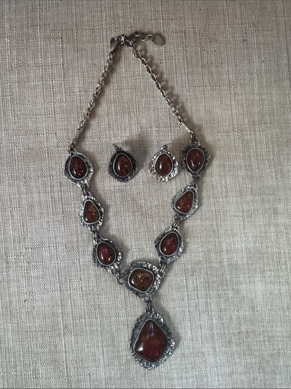 Silver-Tone Brown Stone Necklace and Earrings Set